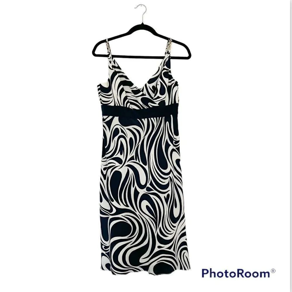 Ann Taylor  100% Silk Navy Blue White Abstract Spaghetti Strap Silk Dress